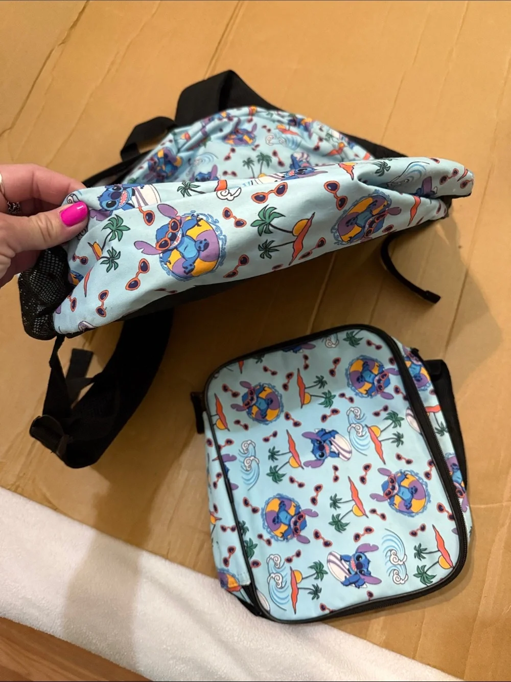 Disney Light Blue Stitch & Tropical Print Kids Backpack and Lunch Bag Set